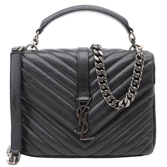 Yves Saint Laurent  College Medium Monogram Chevron Leather Crossbody Bag Black - Picture 1 of 12